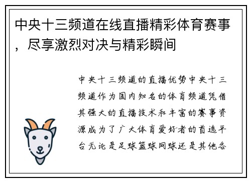 中央十三频道在线直播精彩体育赛事，尽享激烈对决与精彩瞬间