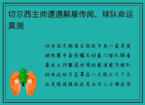 切尔西主帅遭遇解雇传闻，球队命运莫测