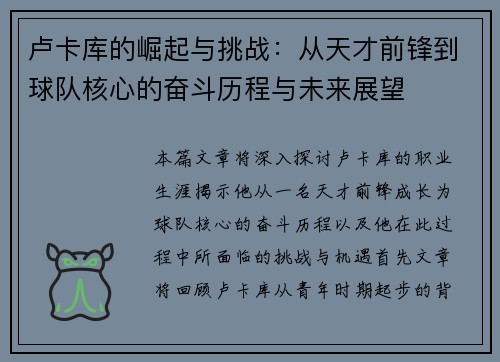 卢卡库的崛起与挑战：从天才前锋到球队核心的奋斗历程与未来展望